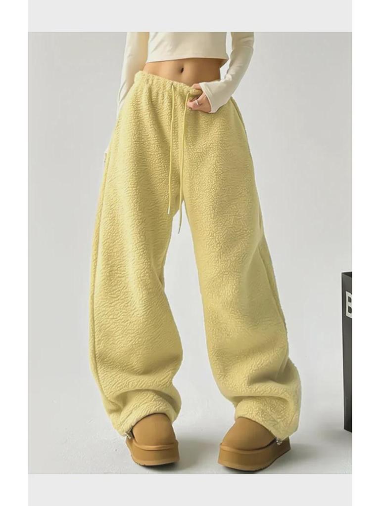 Damskie dwustronne pluszowe polarowe spodnie z szerokimi nogawkami – leniwe, stylowe, z wysokim stanem, ciepłe, luźne, wszechstronne spodnie zimowe.