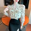 Fashion New 2024 Autumn Long Sleeve Lace Up Bow Collar Print Chiffon Blouse Shirt Women Tops Blouses Shirts J487