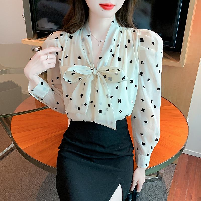 Fashion New 2024 Autumn Long Sleeve Lace Up Bow Collar Print Chiffon Blouse Shirt Women Tops Blouses Shirts J487