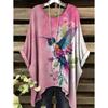 Summer Women's T-Shirt Hummingbird Peacock Print Round Neck Tail Comfortable Short Sleeve Oversized Tee Irregular Hemline Tops