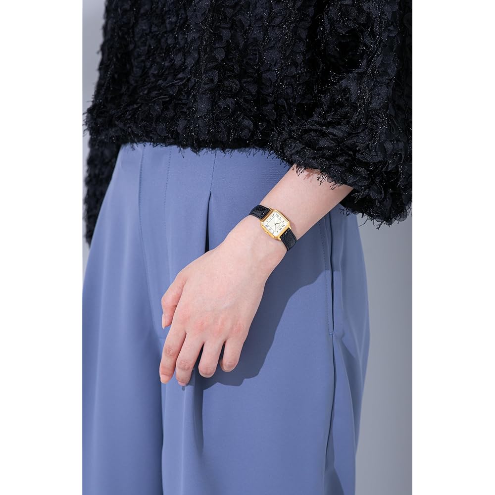 Seiko Selection SSEH018 Women's Quartz Watch Yellow Gold Leather Strap Black Square