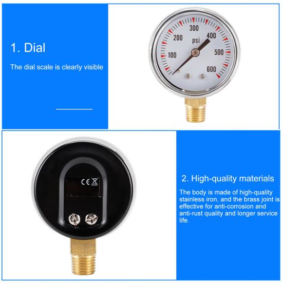 Y50 Hydraulic Pressure Gauge Multi-purpose Precise 1/4NPT 600PSI Bottom Entry Hard Oil Air Water Pressure Gauge for Air Tank