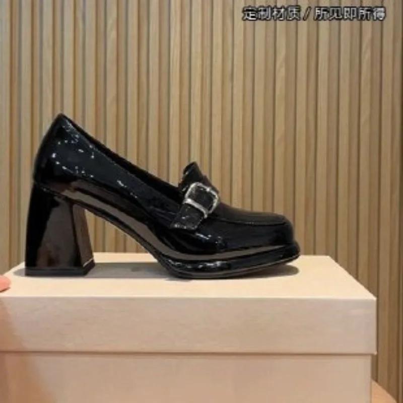 2025 New Women's Solid Color Patent Leather Loafer Shoes Square Toe Office and Career Belt Buckle Solid Best Seller Heels Women