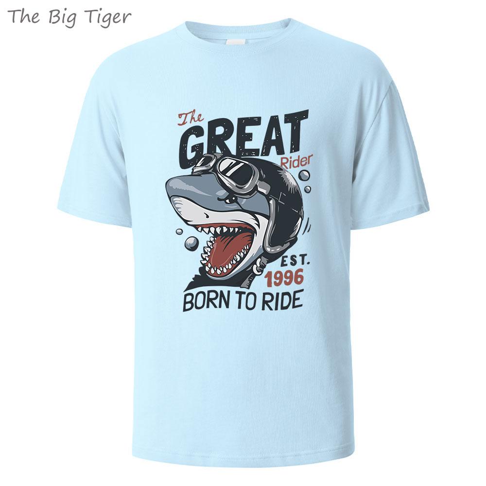 Great Shark Printing Mens Basic Cotton Tee Simple Round Neck Comfortable Fit Lightweight Breathable Casual Wear Mens Tshirt
