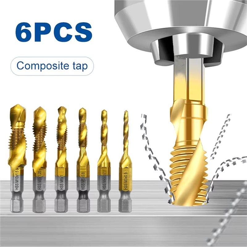 A96I-6Pc High Speed Steel M3-M10 Titanium Plated Composite Tap Hexagonal Drill And Tap Integrated Tap Machine