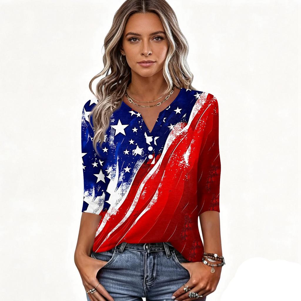 Women's T Shirt Independence Day Print Button 3/4 Sleeve Daily Weekend Fashion Basic V- Neck Regular Top