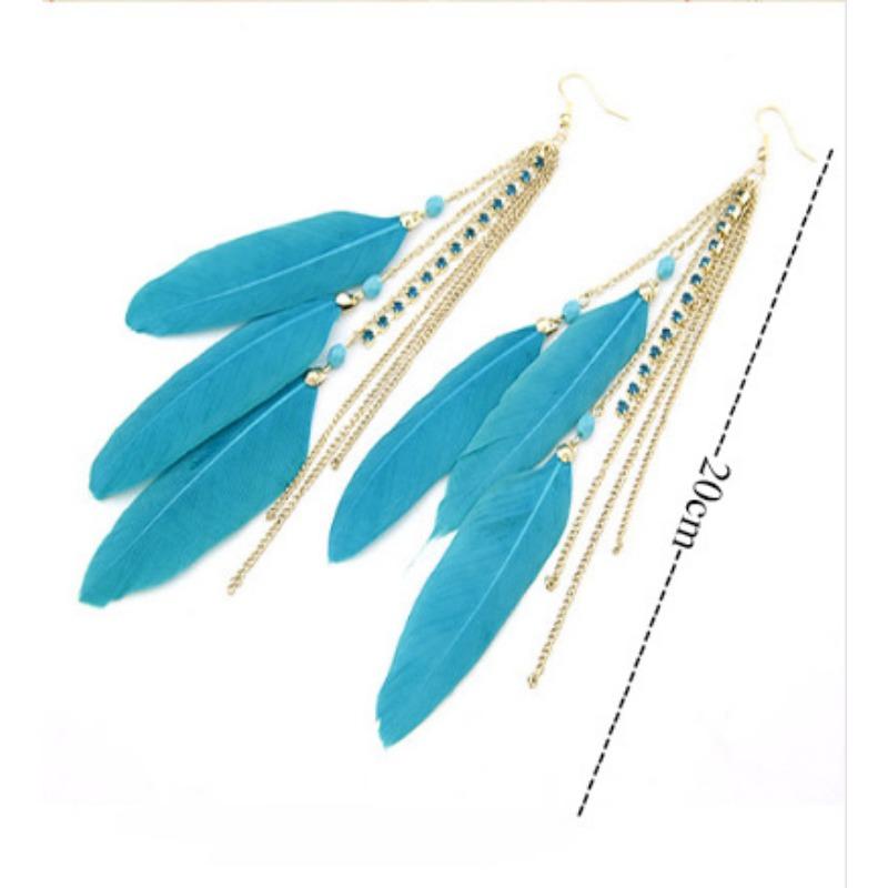 Trend Fashion Flash Diamond Tassel Charm Colorful Feather Earrings, Long Feather Earrings Earrings