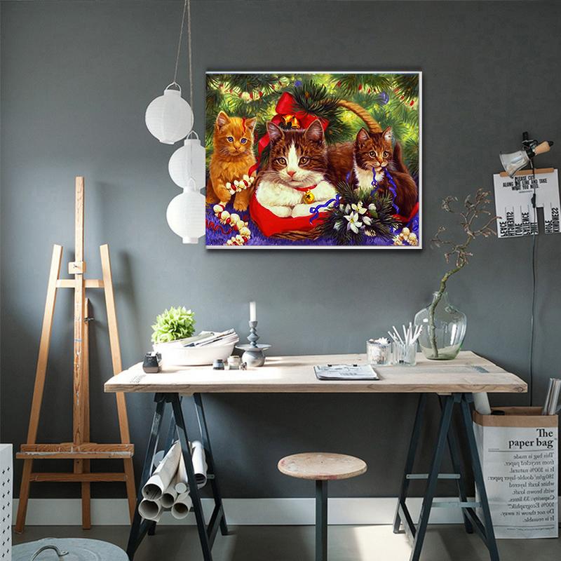 5d Diamond Painting Christmas Tree DIY Wall Art Decor Full Square/Round Kit Three Cats Christmas Gift Diamond Embroidery Christmas Mosaic Handicraft