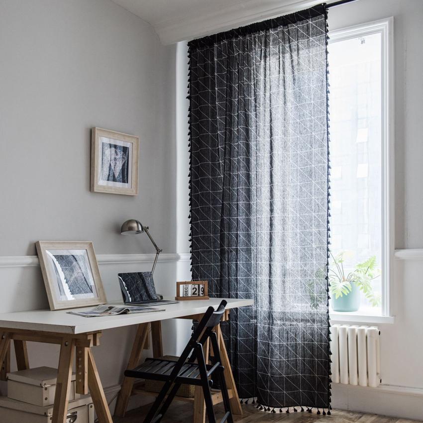 

Черная геометрическая занавеска с кисточками из хлопка и льна, затемняющая, высококачественная, для дома, гостиной, тканая, для эркера, с крючками и карманом для штанги 150x160cm&Grommets Top