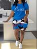 1116 new casual sports style digital printing shoulder sleeve T-shirt high waist tight shorts fashion suit women