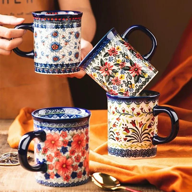 Vintage Style Ceramic Coffee Mug Creative Cute Floral Design Breakfast Water Cup Teacup with Handle for Home Office Cups