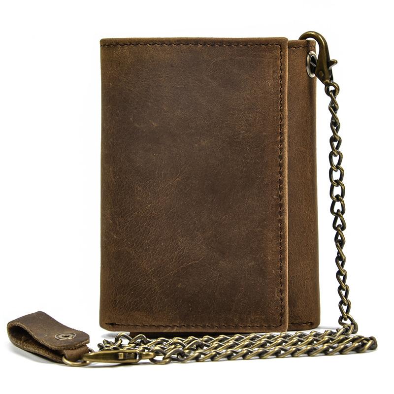 Vintage Genuine Leather Men Wallet Crazy Horse Leather Male Cowhide Trifold Card Holder Wallet with Metal Chain