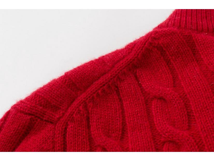 100% Pure Cashmere Red Cable Knit Cardigan - Round Neck, Thick Retro Chinese Style Sweater Coat for Mom.