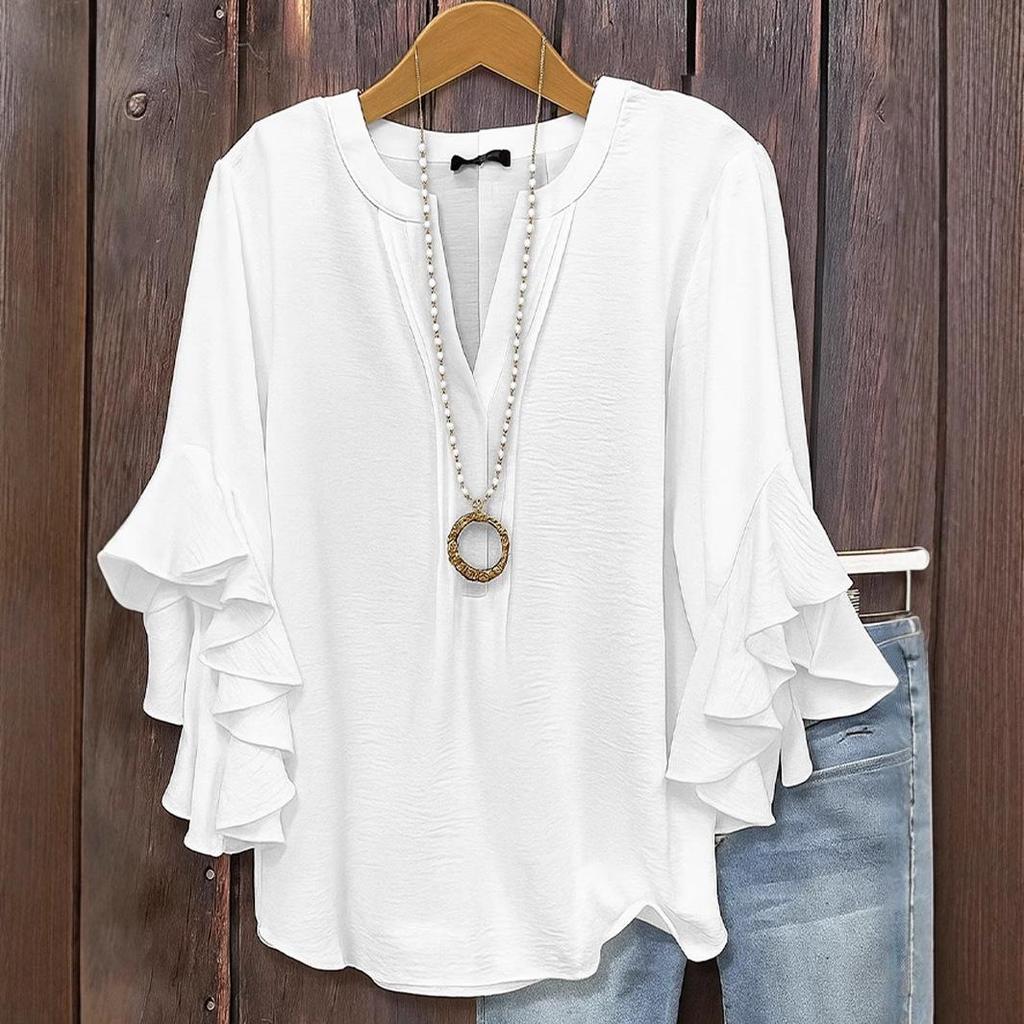 Women's V-Neck Bell Sleeve Top with Bow Detail In Multiple Colors
