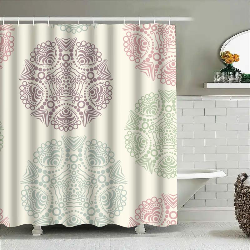 Beautiful Mandala Pattern Shower Curtain Set For Bathroom Decor Pink, Green Beige Colors Included With Hooks 72X84 Inches Size