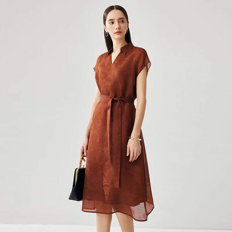 Zhaojun Women's Mulberry Silk Jacquard Short-Sleeve Belted Dress