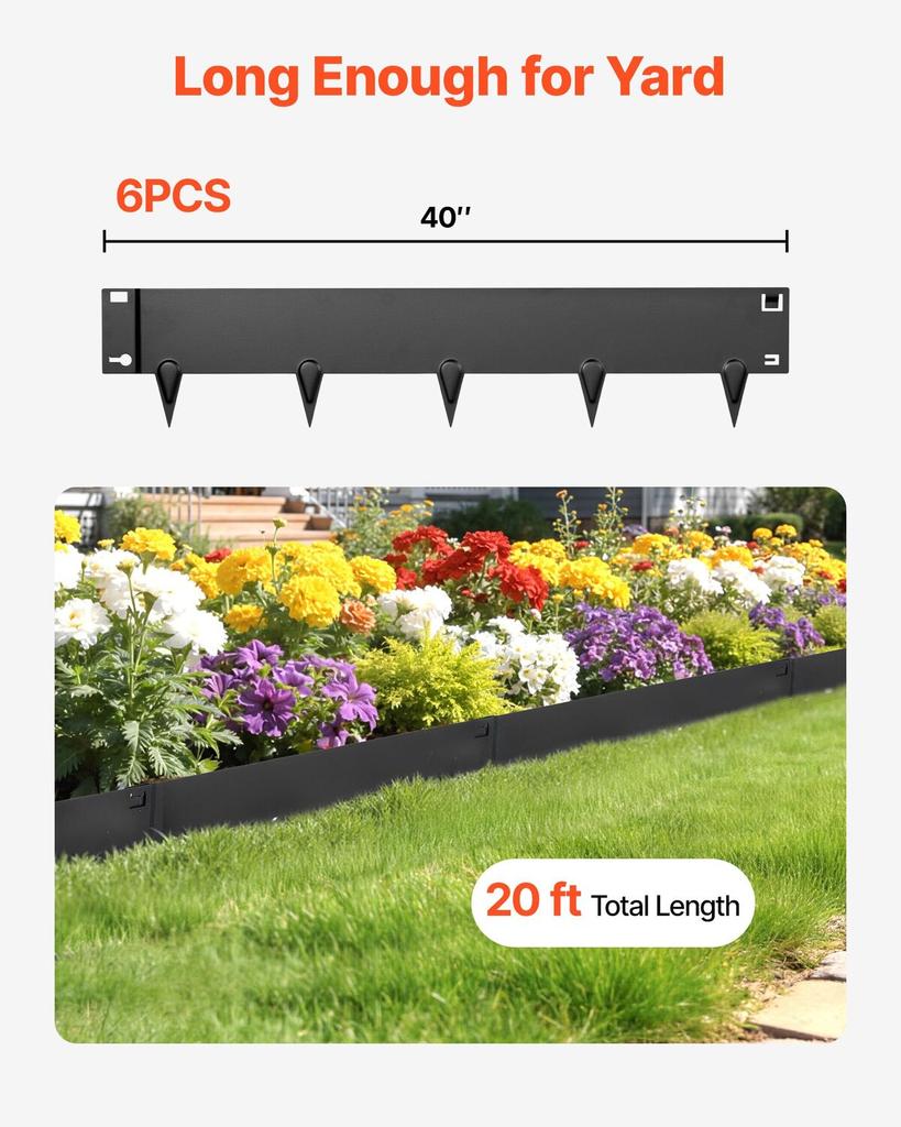 Galvanized Steel Landscape Edging, 6-Pack 1016 X 207 Mm Metal Edging for Landscaping with Gloves, Easy-to-Install, Heavy Duty Metal Garden Edge Border