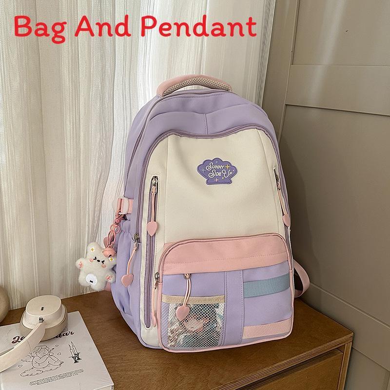 Blocked Cute Color Large Capacity Student Backpack With Pendant For Teens