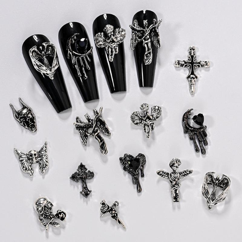 12Grid Vintage Cross Nail Art Charms Y2K Metal Style Alloy Cross Skeleton Angel Nail Decorations Accessories