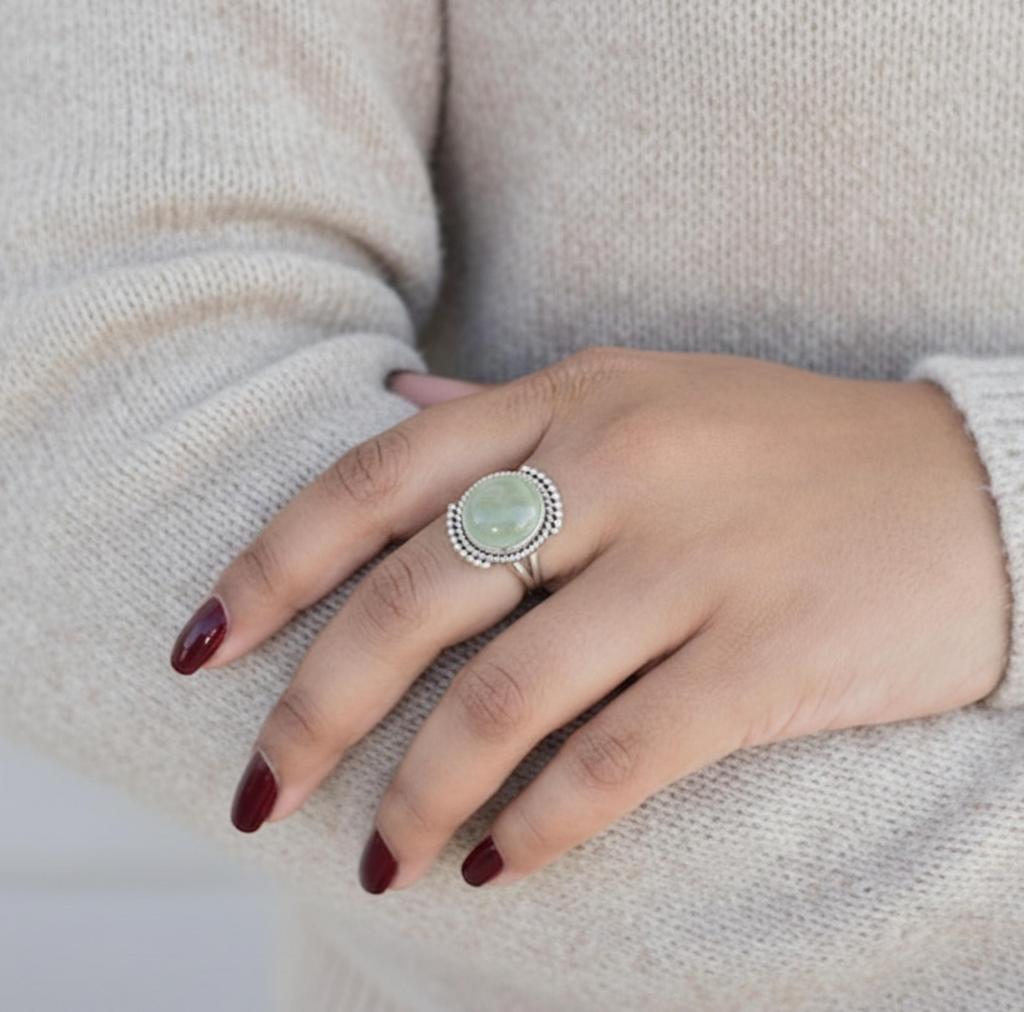 Prehnite Statement Ring, 925 Sterling Silver, Handcrafted Round Cut Gemstone Ring, Minimalist Jewelry