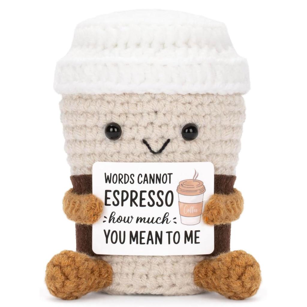 Lustiger handgewebter positive Energie Kaffeetassenhalter Emotionale Heimzimmerdekoration Plüsch Strickpuppe Geburtstags-Weihnachtsgeschenk