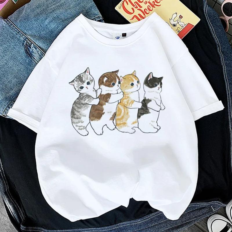 Kawaii Katt Damer Tryck Rolig T-shirt Flicka Djur Y2K Mode 90-tals Tryck Toppar Tee Gril Svart Vit Kläder,Drop Ship