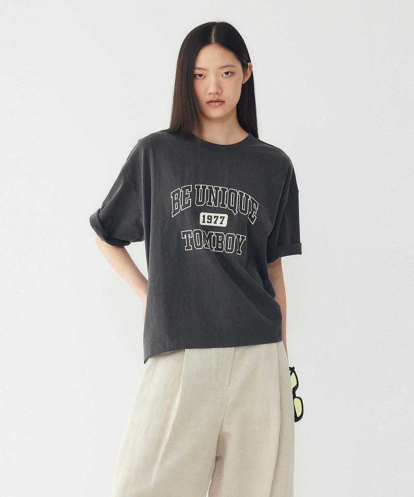 STUDIO TOMBOY Vintage Lettering Graphic Short Sleeve T-Shirt_Dark Gray 9176222990