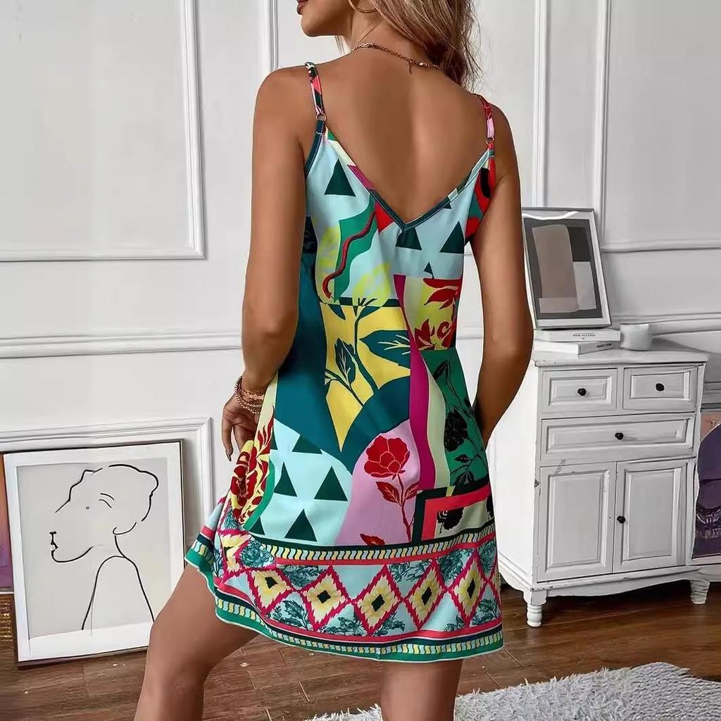 Boho Print Sling Short Dress for Women V-neck High Waist Sleeveless Short Sling Dress Summer Breathable Lightweight Soft Dress Vacation Beach Dress