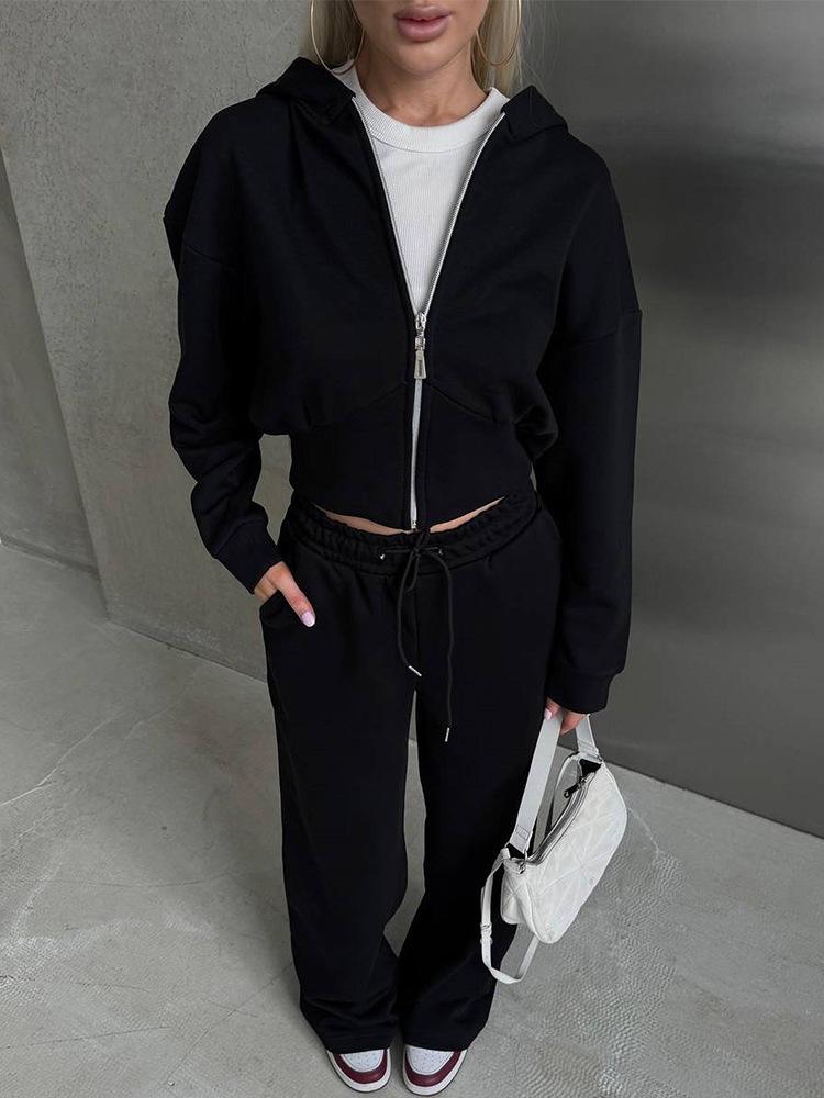 

Европейский и американский осенний женский повседневный костюм-двойка 2025: Худи на молнии с длинным рукавом и однотонные брюки на кулиске Medium чёрный