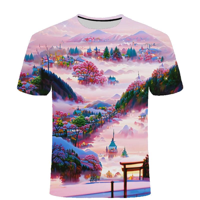 Verão Novo Topo Série Paisagem Quatro Estações Camiseta Casual Moderna de Manga Curta com Estampa 3D Moda Masculina e Feminina