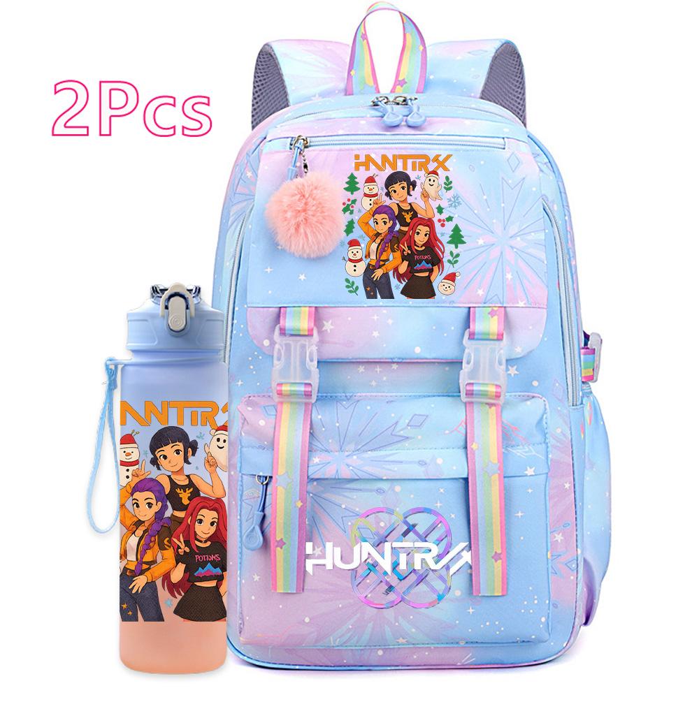 2Pcs/set Christmas K-pop Printed Backpack with 750Ml Water Bottler Large Capacity Travel Bag for Teenager Girl Boy Bookbag Kid Gift Large Capacity Bag