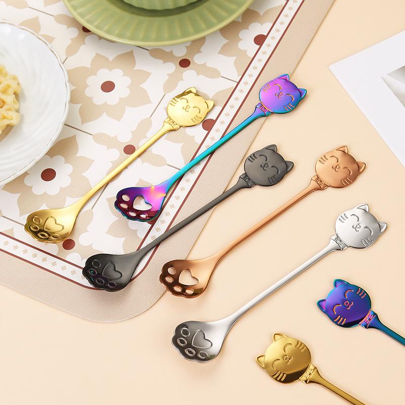 Creative Cat Stainless Steel Coffee Spoon Cute Paw Stirring Spoon Cake Ice Cream Hollow Dessert Spoon Gift