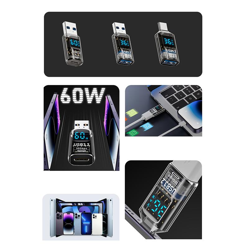 36W 3A Qc Charging Adapter With Digital Display Voltage Current Power Meters Usb 3.2 10Gbps Otg Usb A Male To C Pd 60W Charger