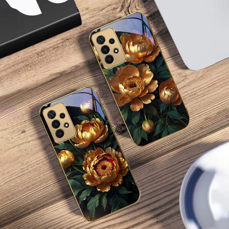 Prosperous Golden Peony For Samsung A 01 52S A04 A05S A10 A12 A13 22 23 24 36 42 M02 Note 10 20Ultra 8 9 Golden glass phone case