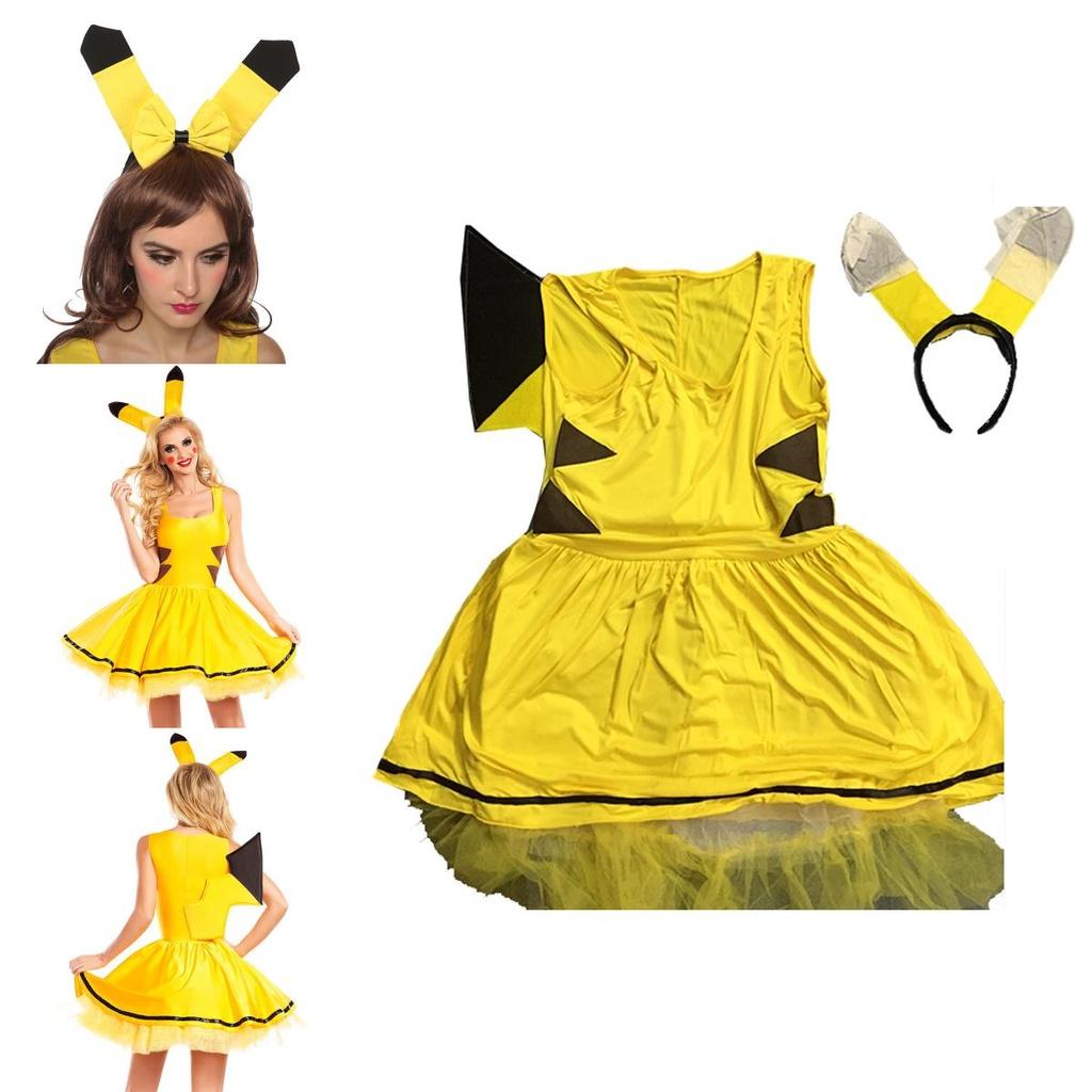 Cadılar Bayramı Kutlamaları İçin Tül Detaylı Muhteşem Sarı Pokemon Pikachu Kadın Elbise Kostümü