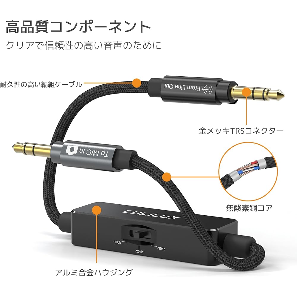 Cubilux 3.5mm TRS Line To Microphone Attenuator Cable, 3-Stage (-10dB/-20dB/-30dB) Stereo Audio Adapter Cord for DSLR Cameras and Camcorders, 30cm