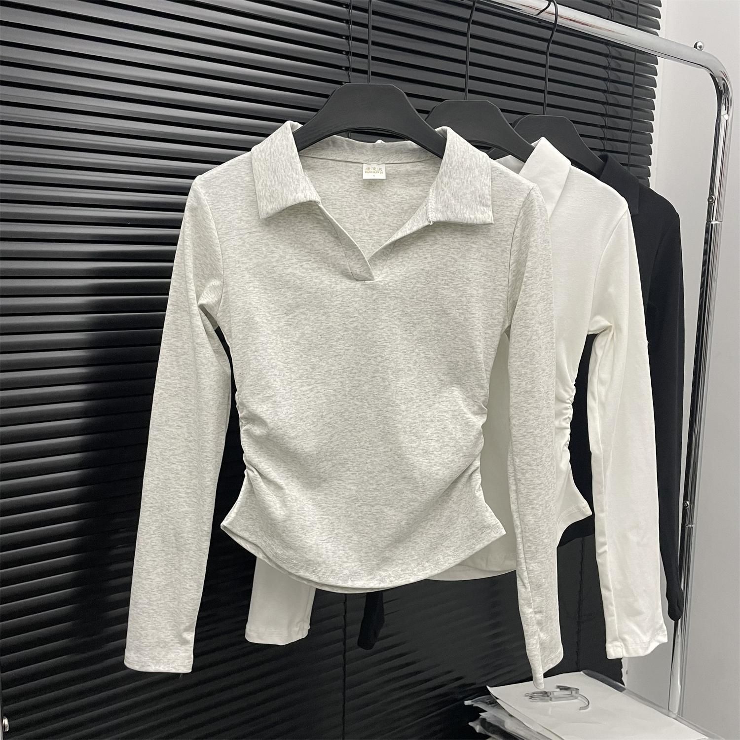 

2025 новый топ-верхняя одежда с воротником поло, спереди на плечах короткий, с длинными рукавами, приталенный, с плиссированной талией, универсальный, простой и шикарный S светло-серый