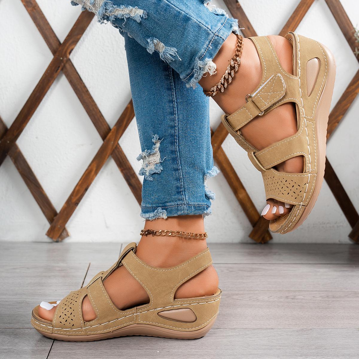 

Thick-soled plus-size women s sandals 2026 new solid color cross-stitched wedge beach women s slippers 43 коричневий