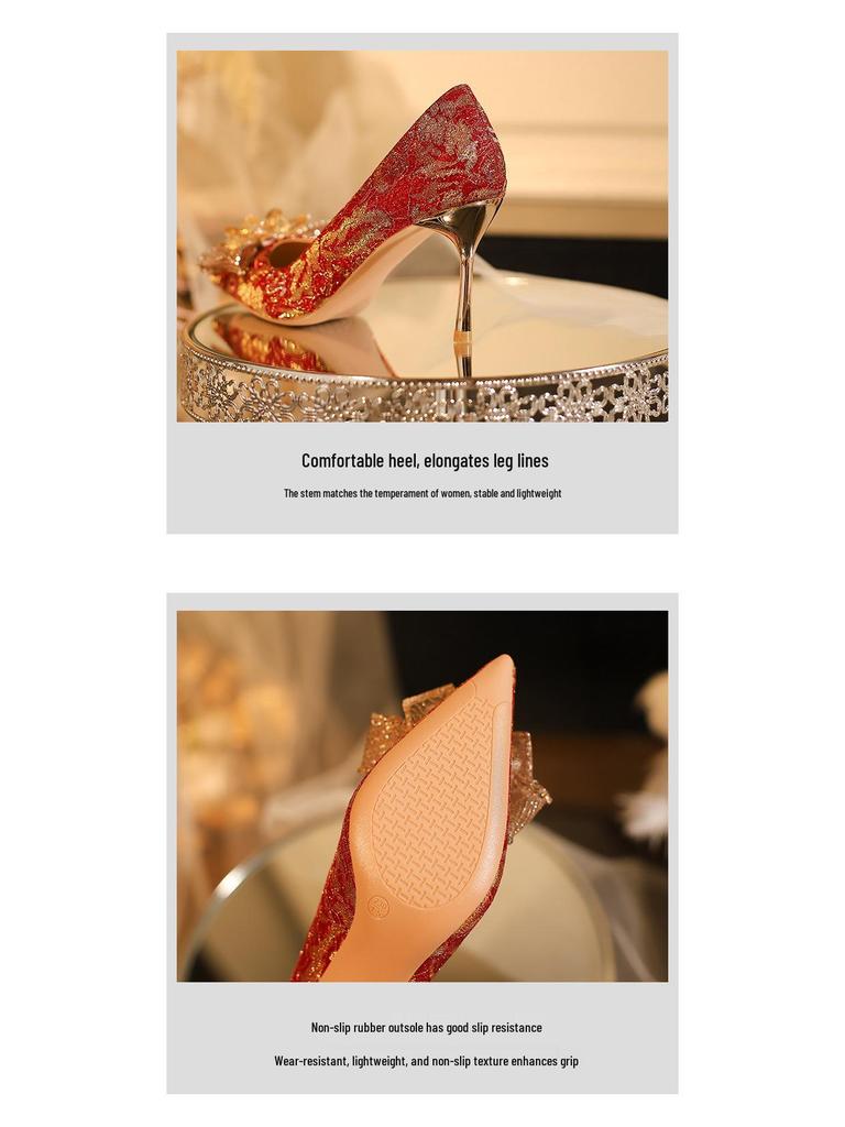 Xiuhe Braut Stilettoabsätze: Spitze Zehenpartie, Schleife mit Kristallen, Bequeme Hochzeitsschuhe im chinesischen Stil