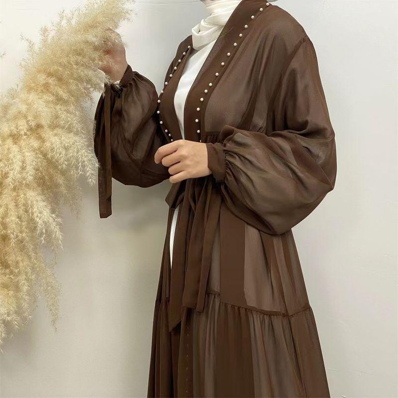 Middle East Solid Beads Lace-up Chiffon Cardigan Dress Pin Bead Lace up Chiffon Dress