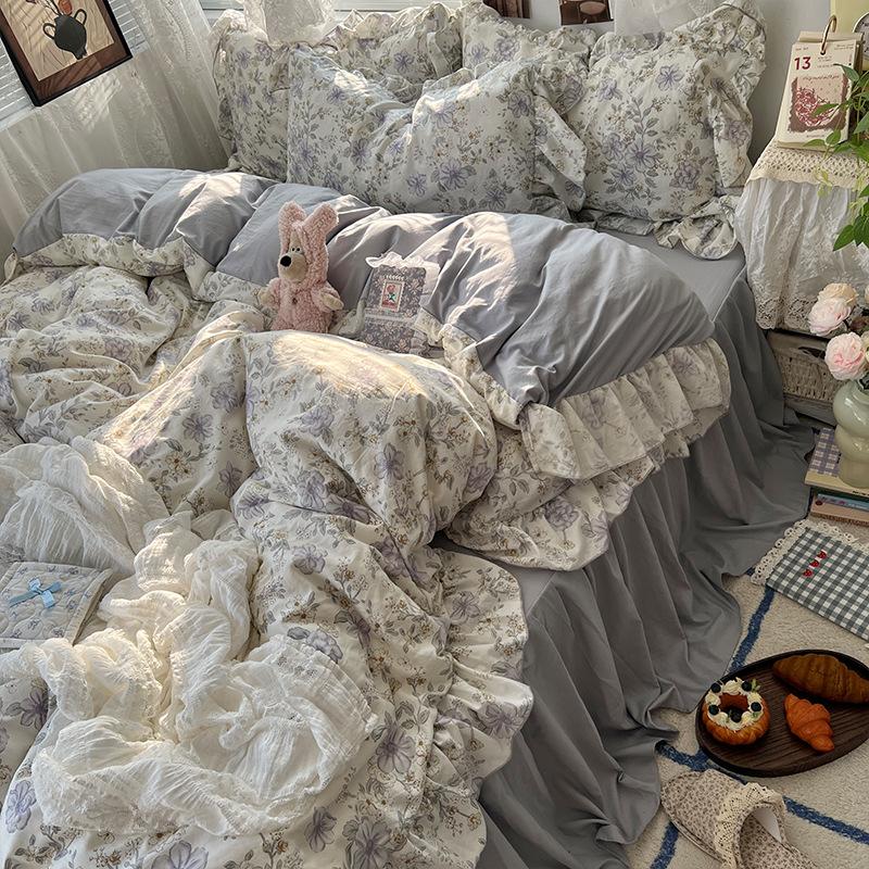 Floral Bedding Set Four-piece Romantic Skin-friendly Breathable Comfortable Washed Sheets Quilt Cover Pillowcase