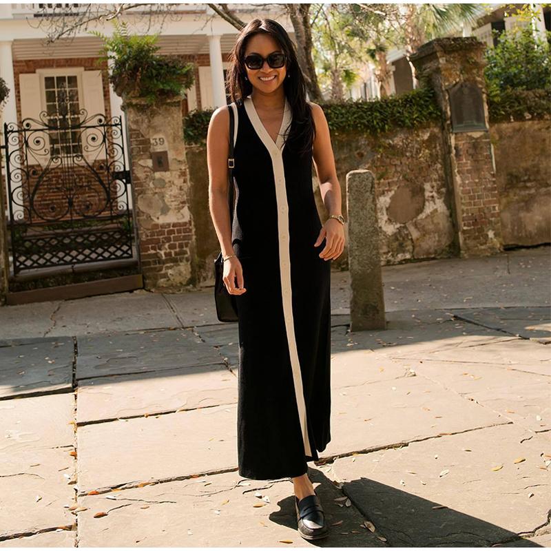 Contrast Knit Long Dress Women Sleeveless V-neck Slim Hip Package Female Dresses Casual Single Breasted Elegant Lady Robe