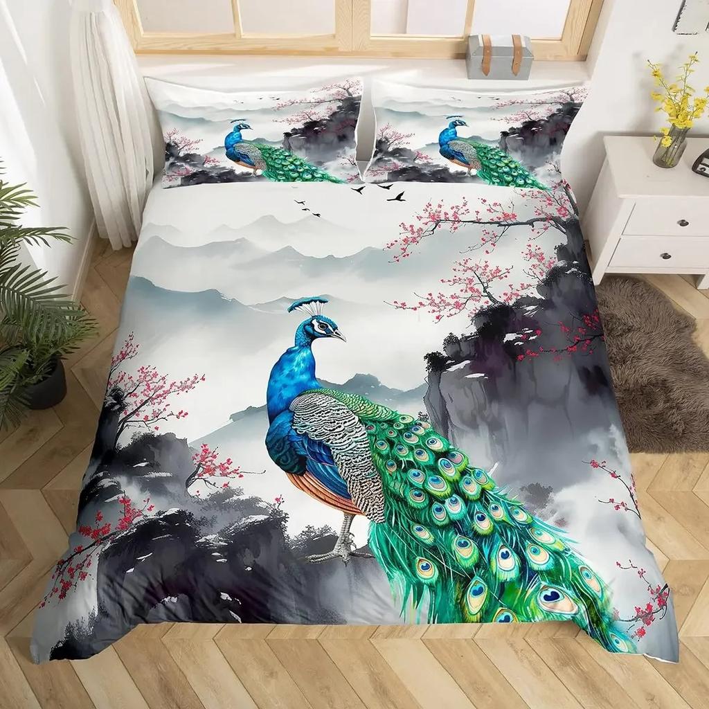 Peacock Duvet Cover Queen Watercolor Feather Bedding Set Bird Animal Floral Print Art Painting Comforter Cover and 2 Pillowcase