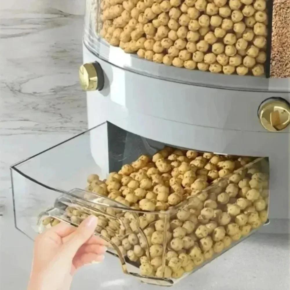Rotating Cereal Dispenser Household Kitchen Food Sealed Dry Cereal Grain Bucket Dispenser Moisture-proof Container Storage Box