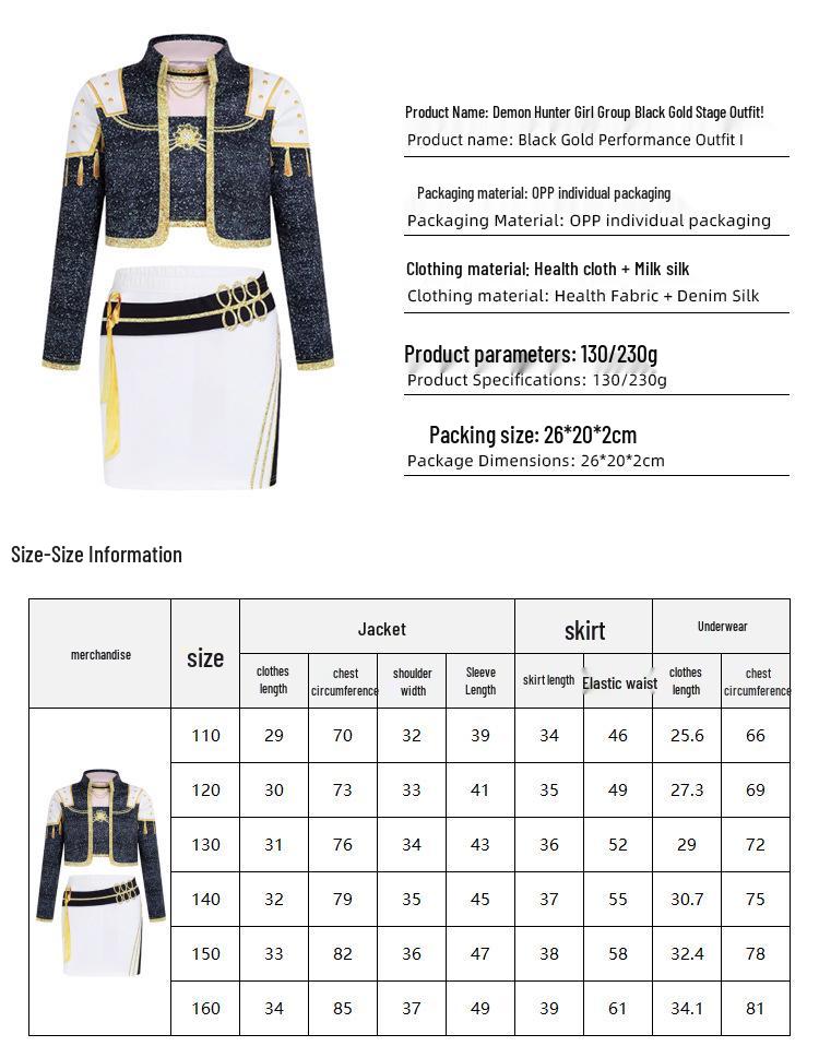 Black Gold 2-Piece Demon Hunter Pop Singer Costume for Girls - Cool 3D Print Children's Outfit