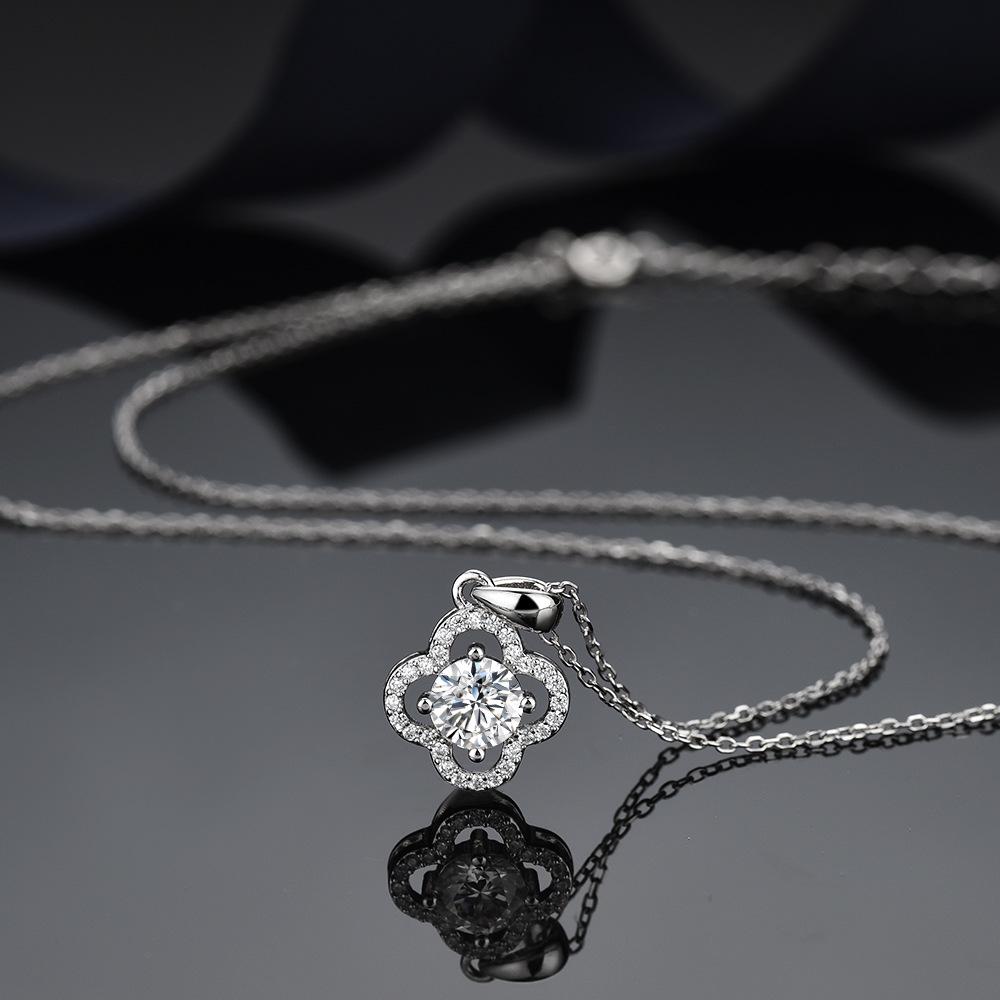 S925 Silver Moissanite Jewelry Set: Four-Leaf Clover Necklace & Ring for Women