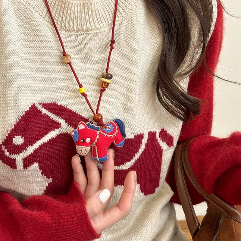 High-End Wooden Bead & Resin Horse Necklace - Luxurious Sweater Chain with Unique Design