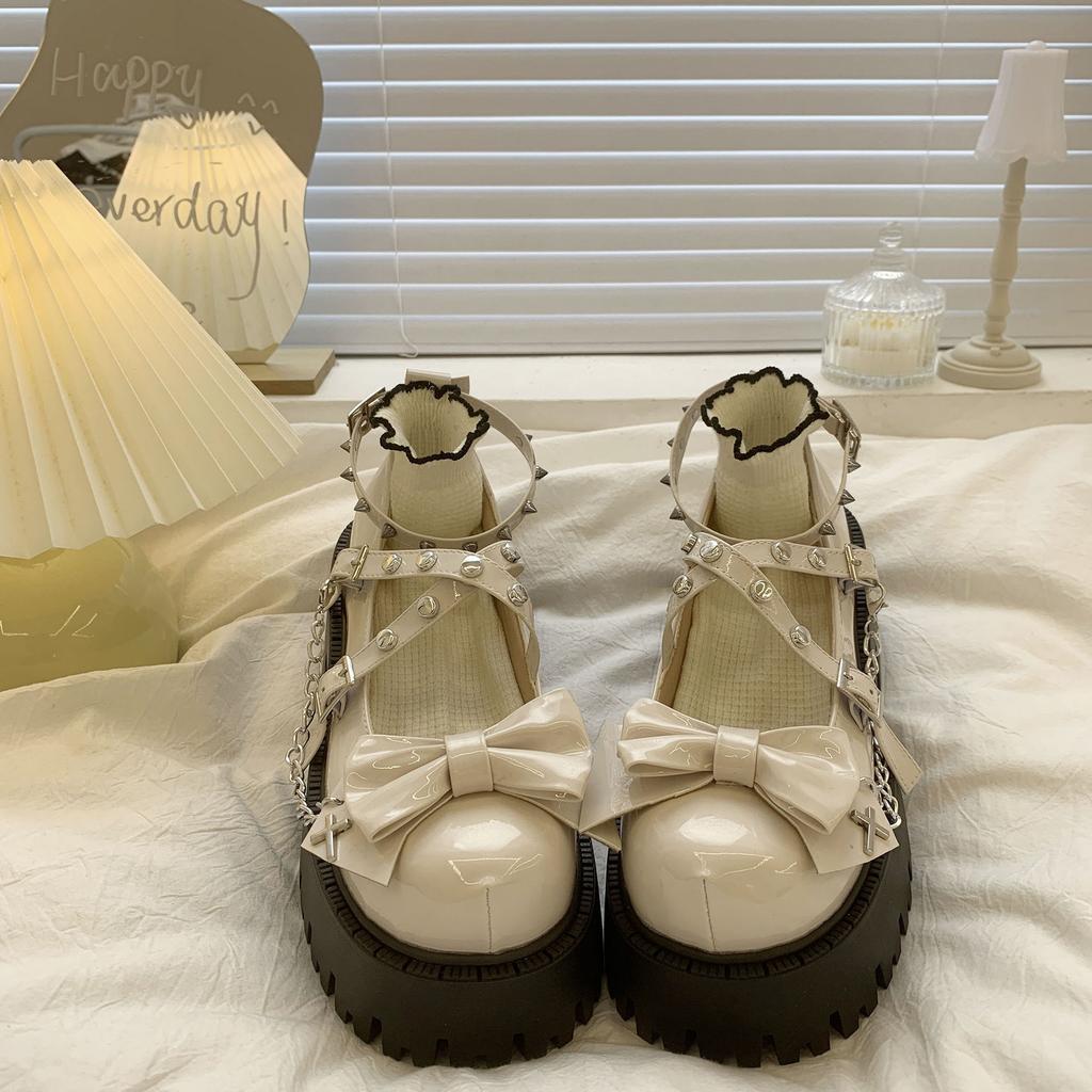 Fashion New Women's Shoes Ankle Straps Womens Pumps Platform Women Leather Bows Mary Jane Punk Gothic Chunky Heel Chaussures Femme