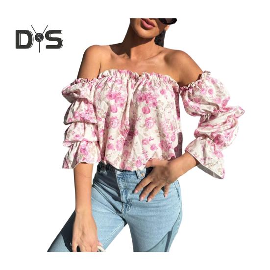 

Женская рубашка с открытыми плечами, расклешенная, с длинным рукавом, пуловер, топы с цветочным принтом, свободная рубашка, повседневная офисная одежда S розовый