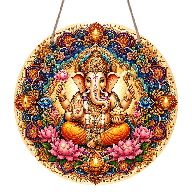 2D Flat, 1pc Aluminum Wall Hanging Ornament, Ornate Mandala Floral Frame Lord Ganesha Modak Lotus Oil Lamp Wall Plaque, Positive Vibes Spiritual 7.87×7.87inch